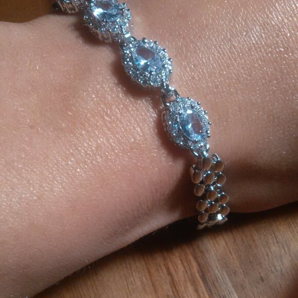 Simulated Blue and White Diamond Silvertone Brass Bracelet - Picture 15 of 15